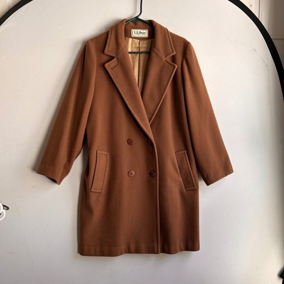 L.L. Bean Jackets & Blazers - VTG LL Bean Women Camel Brown Wool Double Breasted Overcoat Peacoat USA Made